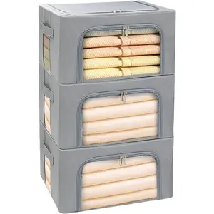 Clothes Storage Box Bins Stackable Foldable Organizer,Sturdy Handles with Metal Frame for Clothing Bedding Shelves,Closet Container with Clear Window Zipper and Label Holder (Gray, 22L x3 Pack)