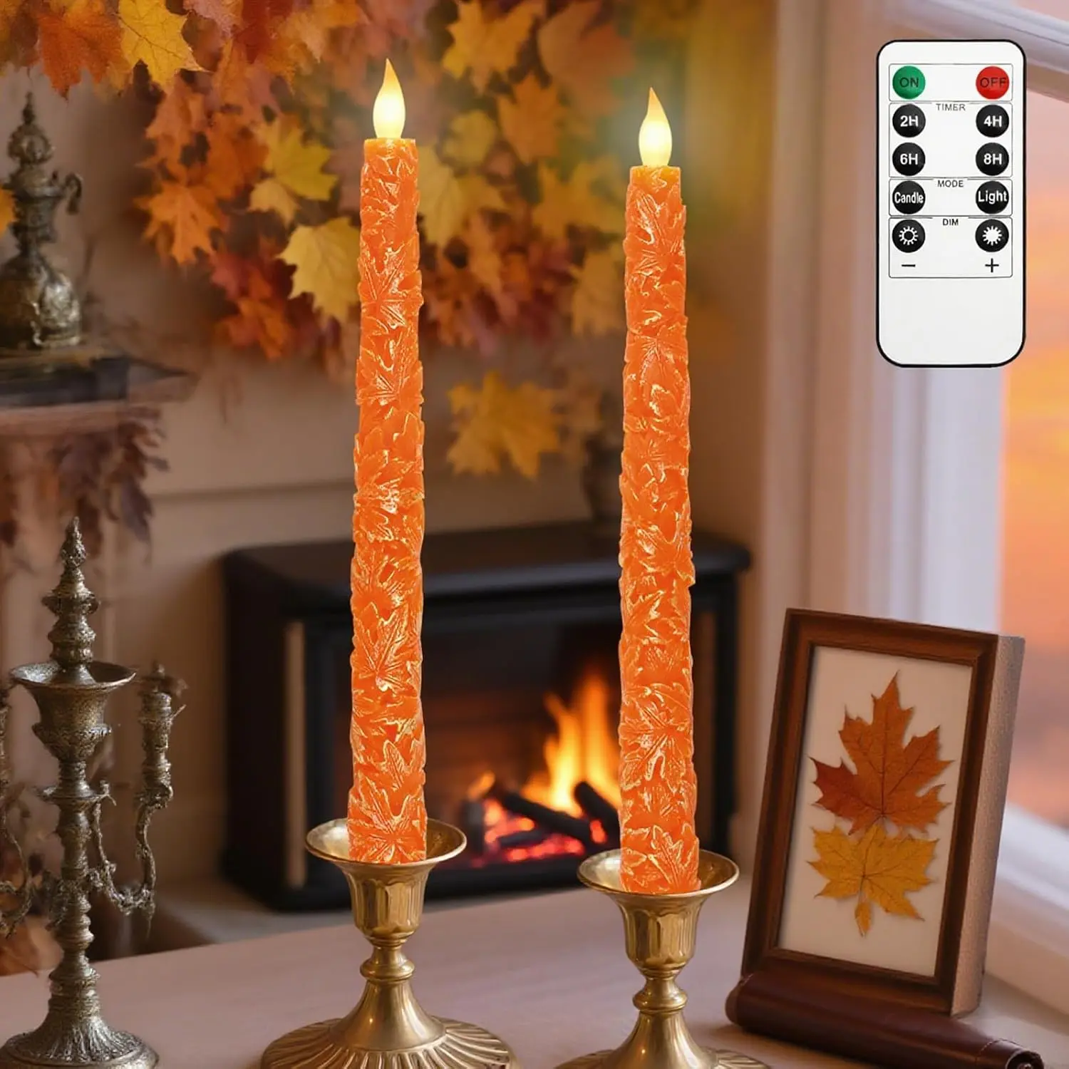 Impress Life Fall Flameless Taper Candles, Carved Maple Leaf Real Wax Candles with Remote Battery Operated LED Candlesticks for Autumn, Halloween, Thanksgiving Decor, Set of 2