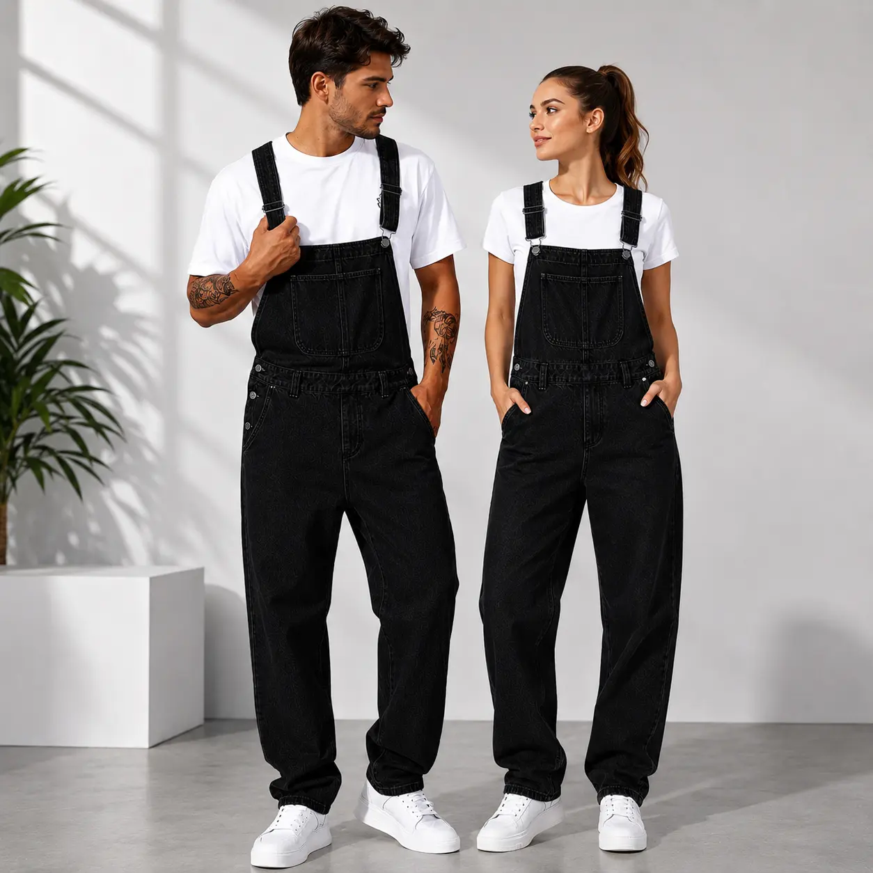 Mens Sleeveless Denim Bib Overalls - Unisex Baggy Wide Leg Jumpsuit with Pockets, Adjustable Straps, Casual Everyday Wear Couple Outfit Menswear Menswear