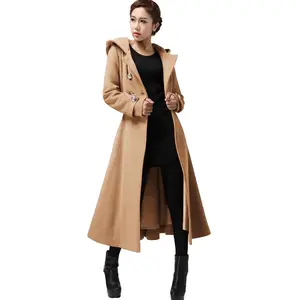 Lady's Aesthetic Elegant Long Double-Breasted Hooded Woolen Coat - Longsleeve Fitted Minimalist Tops, Belted Winter Casual Overall Outerwear