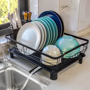 [New Deal] Dish Drying Rack for Kitchen Counter,Space-Saving Dish Rack with Drainboard,Rustproof Countertop Dish Drainer with Utensil Holder for Sink,Black, Organiser, Dish Drying Racks