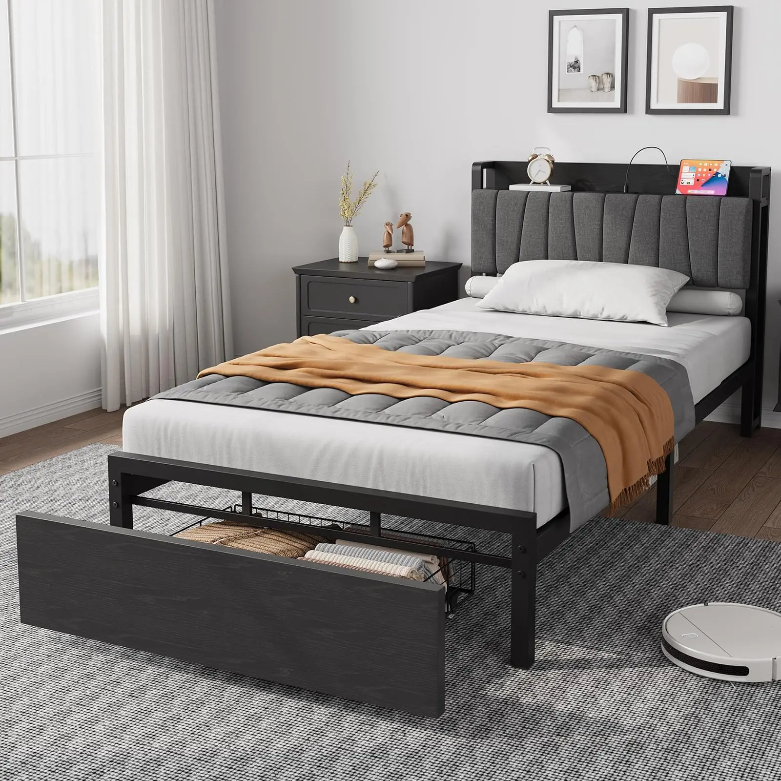 YJ-Garvee Ironwood Upholstered Twin Bed Frame with Underbed Drawer & Upholstered Headboard, Black (Bed Frames with Storage)