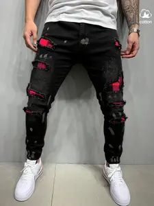 Men's Denim Jeans Ripped Tight Fit Ink Splatter Print Classic Casual Elastic Stretchy Skinny Pants, Menswear, Natural Vintage Light Blue Washed Look, All Seasons Streetwear