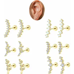 Women's Unisex 6-Piece Pierced Earrings Set, Hypoallergenic Surgical Steel Gold Silver Flat Back Opal CZ Dainty Cartilage Helix Tragus Swirly Conch Jewelry