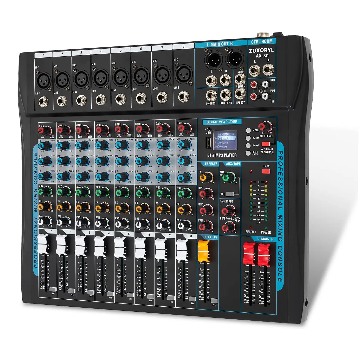 8-Channel Professional Audio Mixer Sound Board with USB, Smartphone Bluetooth, 48V Phantom Power, 16-DSP Effects for Live Streaming, Podcast Recording, Karaoke