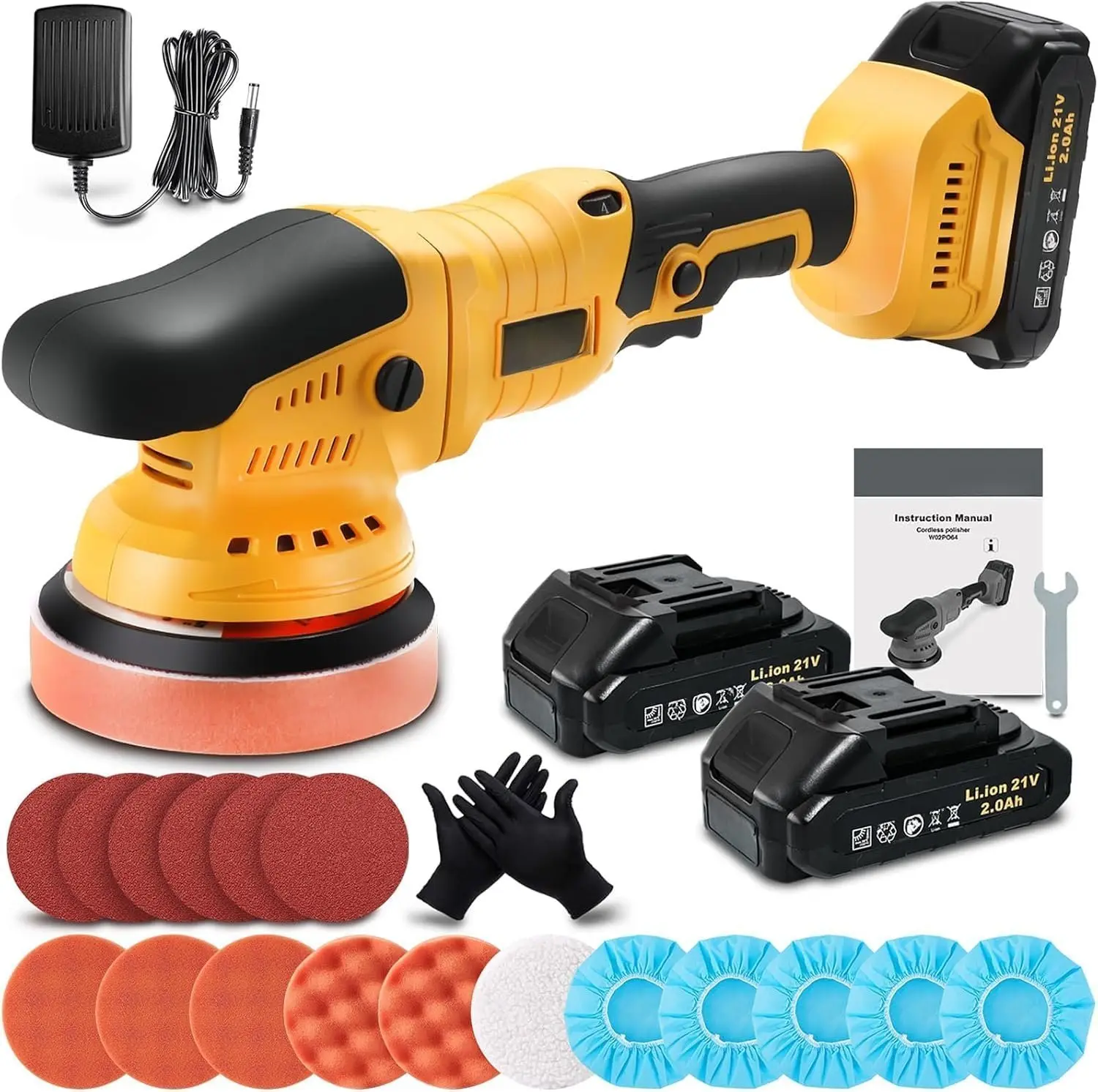 Cordless Dual Action Portable Orbital Polisher Kit, 21V 2x2000mAh 5-Inch Random Orbital Polisher with 6 Variable Speeds for Car Detailing, Waxing, Scratch Removing, Dual Action Polisher