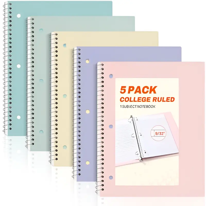 Spiral Notebooks, 1-Subject, 5 Pack, College Ruled Paper, 8" x 10-1/2", 70 Sheets per Notebook,3-Hole Punched Paper, Pink,Purple, Blue, Green, Yellow Spiral Lined Notebooks for School,Work