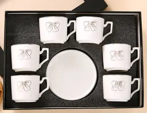 3.5oz Ceramic Coffee Espresso Cup with Saucers Set, Elegant Bow Deco Coffee Cup Gift for Cappuccino, Tea, Espresso, Latte, Coffee, Cafe Mocha, Set of 6, White