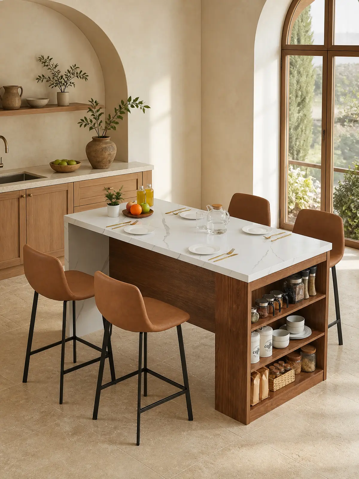 【BackToSchool】ONBRILL 61"x31" Large Wood Top Kitchen Island Table, Whole Board Tabletop with Storage Space, Power Outlet, LED Lights, Easy Setup Modern Imitation Marble Counter Height Dining Table for 4, For Four