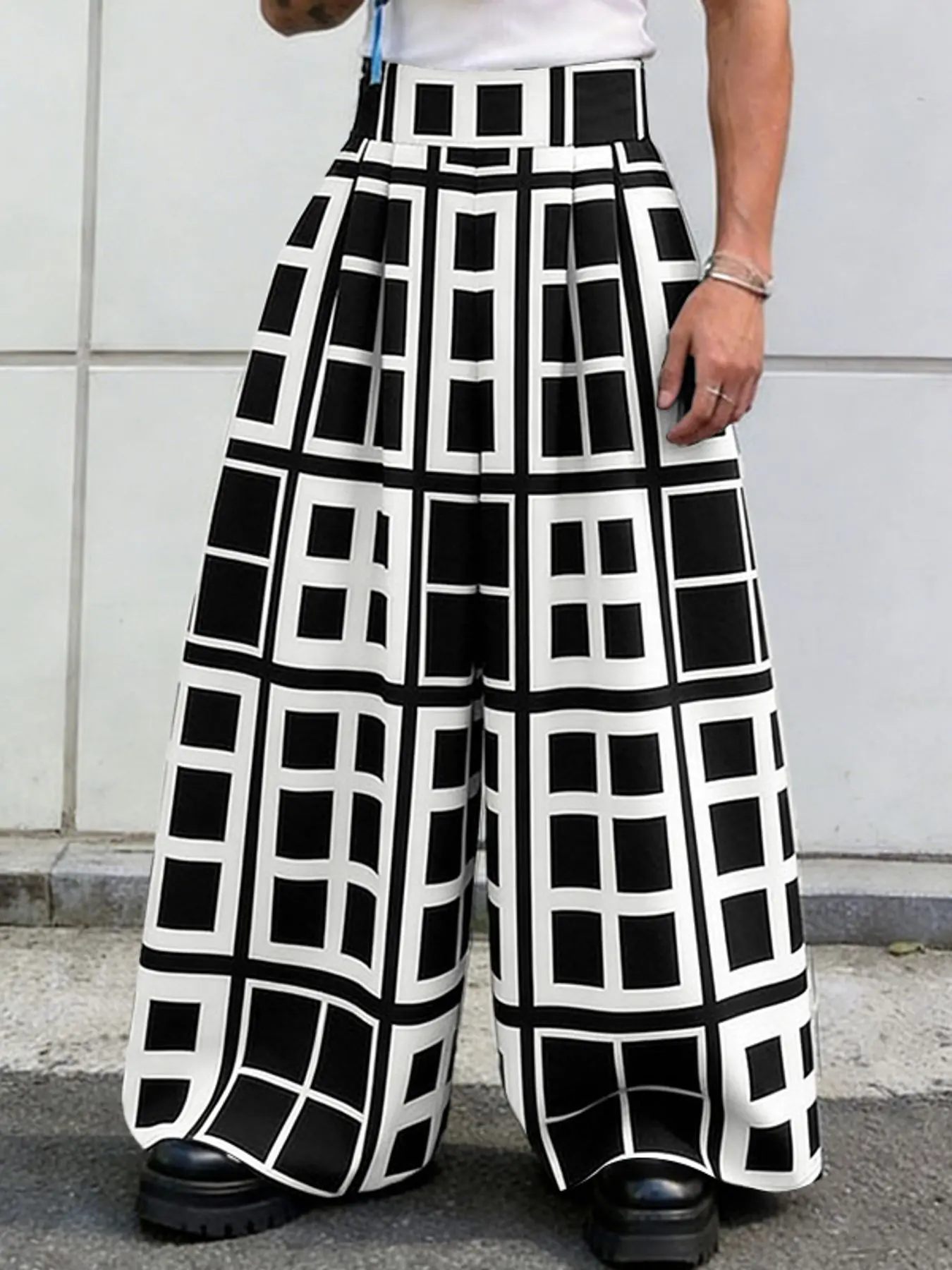 INCERUN Men's Casual Fashion Long Pants, High Waist Baggy Loose-Fit Trousers with Pockets, Elastic Relaxed Fit, Spring & Fall Wear, Geometric Design, Unlined, Casual Streetwear Trousers