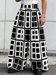 INCERUN Men's Casual Fashion Long Pants, High Waist Baggy Loose-Fit Trousers with Pockets, Spring & Fall Wear, Geometric Design, Unlined
