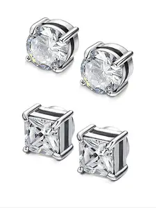 Magnetic Studs Earrings for Men & Women, 2 Pairs (Round & Square CZ) No Piercing Fake Earrings. Sparkling crystal design, strong magnetic closure, perfect for daily wear, parties and concerts.Great for edgy street style, punk or goth looks.
