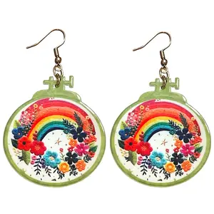 70s Rainbow Flower Embroidery Hoop Earrings