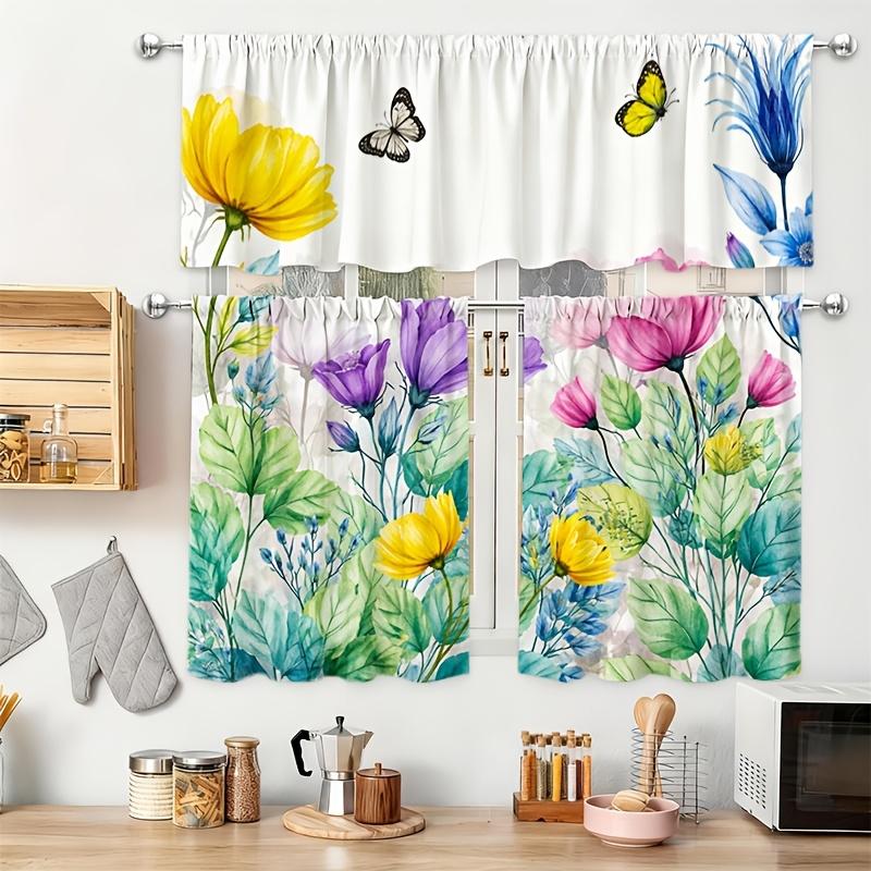 3pcs Kitchen Curtains with Colorful Floral and Butterfly Patterns |   Designed for Rod Pocket Hanging, Modern Art Print, Light-filtering Polyester, Excludes Rod, Available in Multiple Sizes