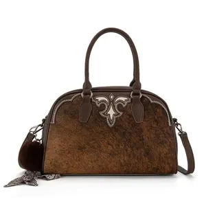 Trinity Ranch Western Cowhide Duffle Bag Crossbady Bag with Embroidered Design and Adjustable Strap for Women