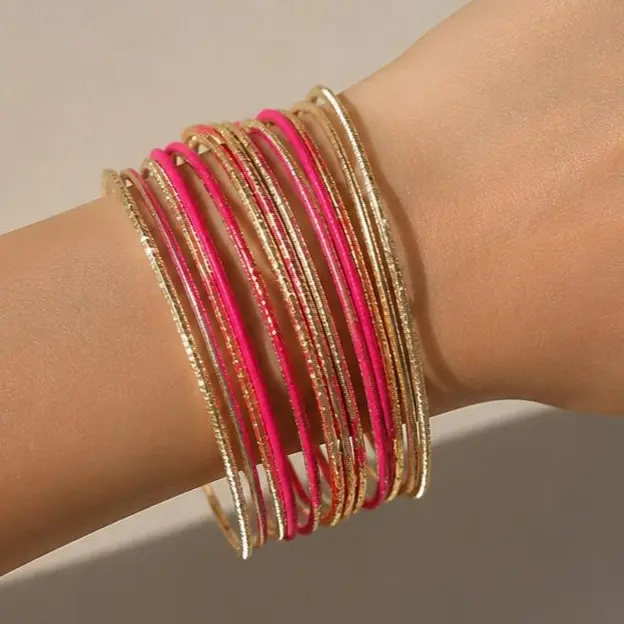 Iron Alloy Polished Candy Color Pink & Purple Metal Bangles Set - Lightweight, Golden Details, Fringes, Prom Fashion Costume Jewelry Bracelet Accessory, Striped