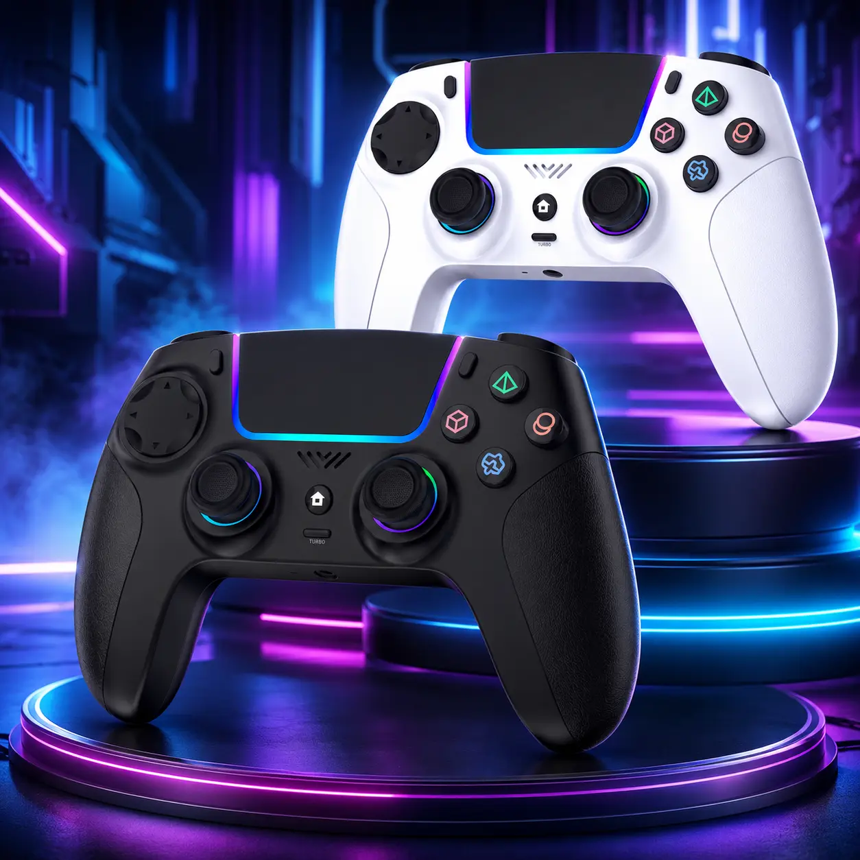 FLIRESY 2-Pack Rechargeable Wireless Gamepad Controllers for PS4 (Black & White) - Plastic Build, RGB LED Lights, Non-Slip Programmable Pads, Trackpad, Turbo, 3.5mm Jack, Ideal for Friends - Gaming Console Accessories, Rgb Lights