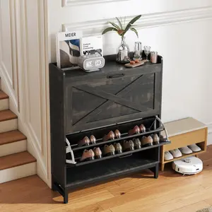 Shoe Cabinet with 2 Flip Drawers Narrow Storage Organizer for Entryway Hallway E1 Grade Board Adjustable Shelves Metal Frame Handle