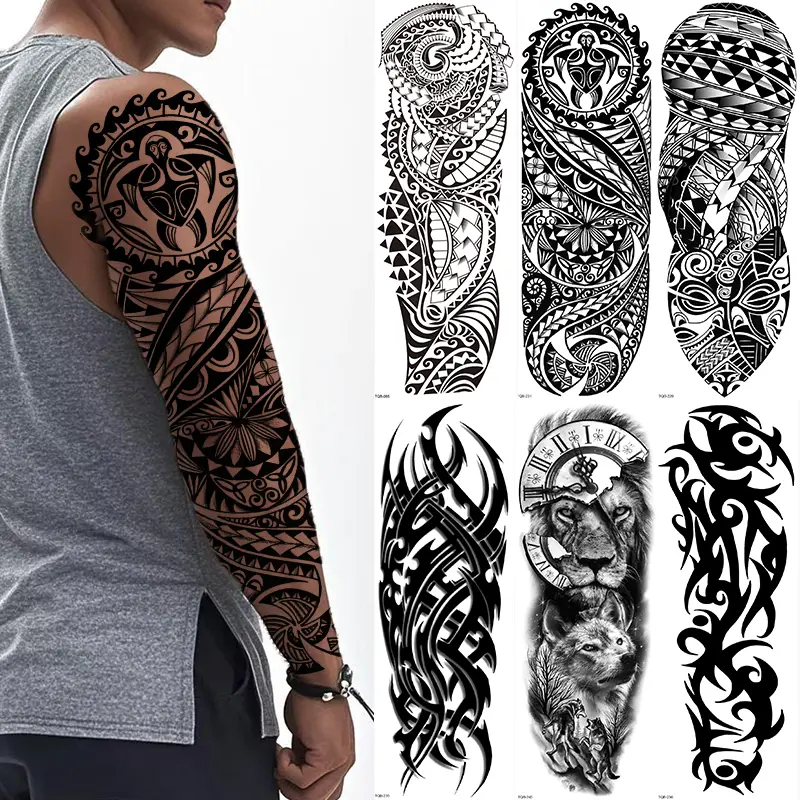 6 Realistic Full Arm Temporary Tattoos, Fake Tattoos, Body Fake Tattoos, Ephemeral Tattoos, Tattoo Sticker, Waterproof Sleeves Art, Wolf Lion Tiger Tribal Designs, Easy to Apply, for Men & Women