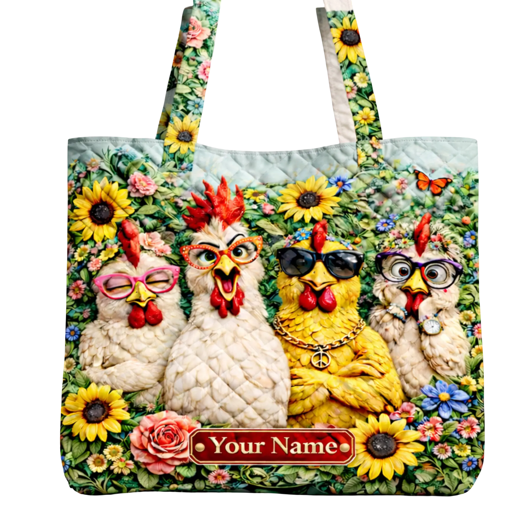 Personalized Chicken Quilted Tote Bag - Custom Name Farm Animal Tote Bag, Cute Everyday Carryall Gift