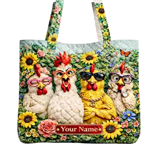 Personalized Chicken Quilted Tote Bag - Custom Name Farm Animal Tote Bag, Cute Everyday Carryall Gift