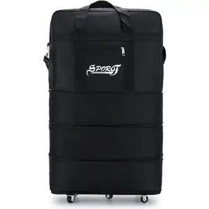 Expandable Extra Large Travel Oxford Duffel Bag with Wheels Waterproof Lightweight Traveling Foldable Suitcase (Black, L)