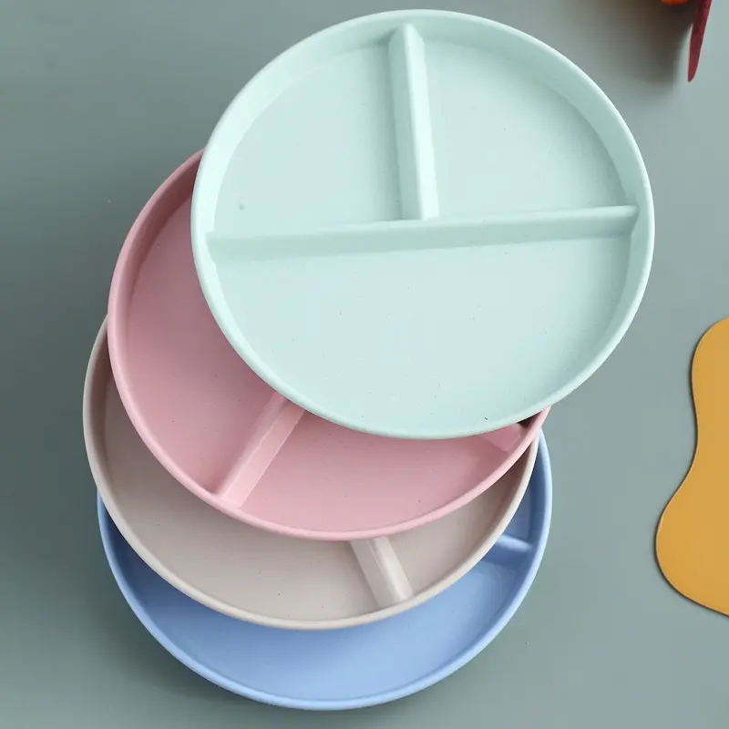 4pcs Adult Weight Control Plates, Restaurant Use, 4 Colors, Three Compartment Round Plastic Food Plates, Reusable Healthy Diet Divided Plates, Salad Serving Plates, Salad Plates Set, Dishwasher Safe Tableware