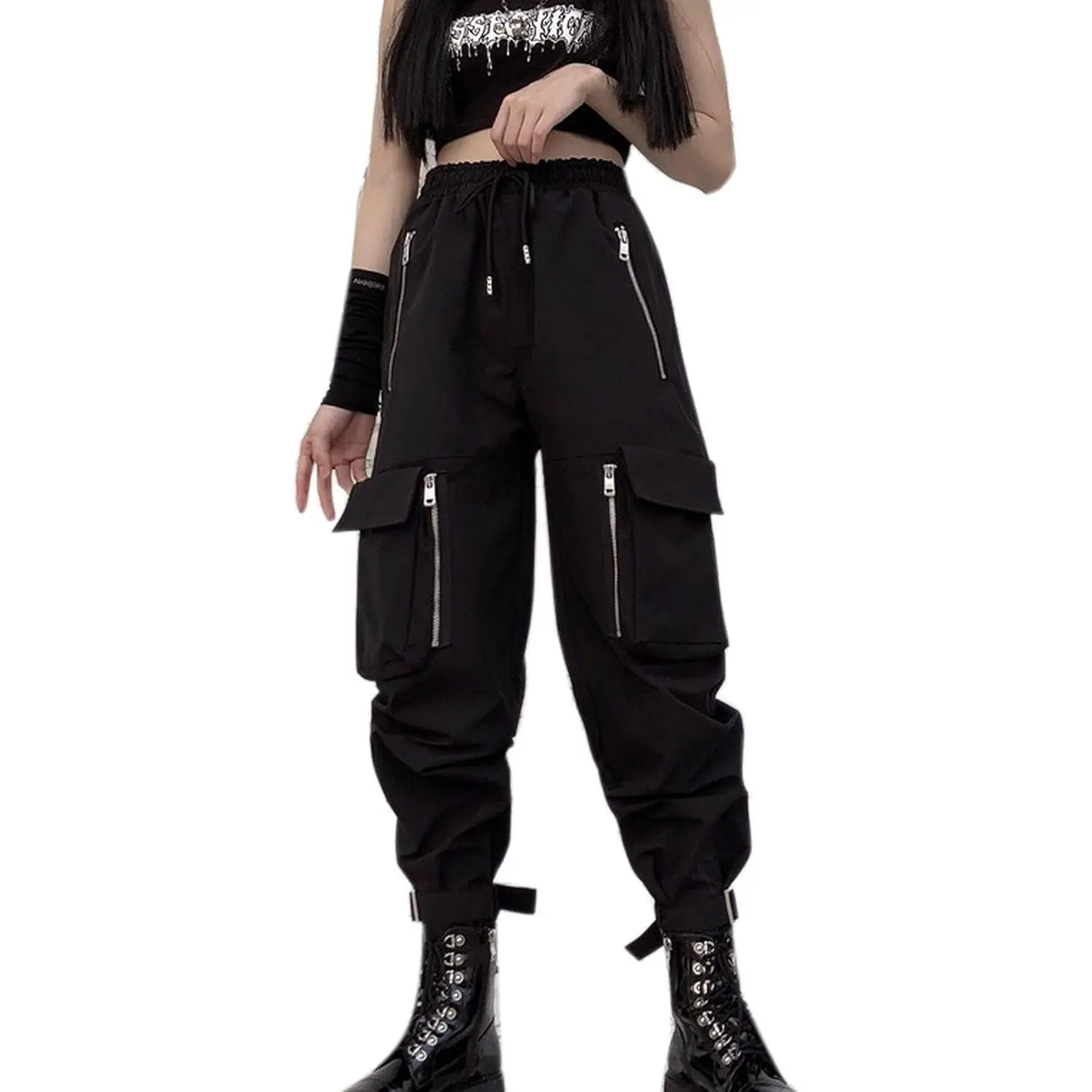 MEINVQIAOTI Women's Black High Rise Baggy Cargo Pants, Goth Clothes with Chain Detail, Multi-Pocket Multi-Zip Urban Streetwear Punk Pants, High Rise Pants