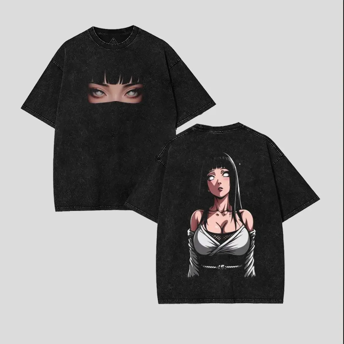 Unisex Naruto Hinata Hyuga Double Printed Vintage Washed Cotton T-Shirt - 90s Graphic Round Neck Casual Crewneck Menswear Top, Anime Fashion, Streetwear Gift For Anime Fans, Anime Streetwear