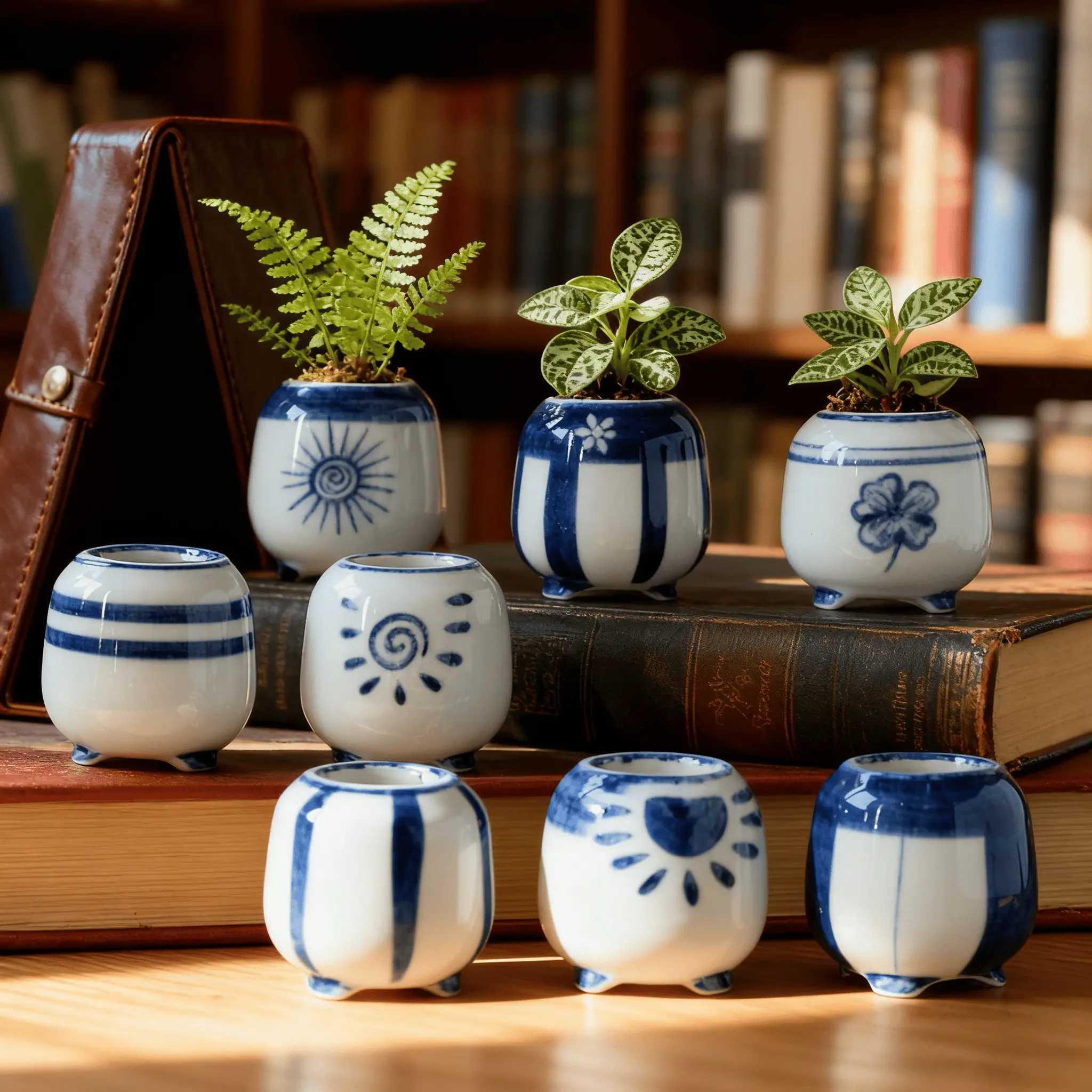 8-Pack Blue & White Porcelain Style Hand-Painted Ceramic Light-Glazed Flower Pots - Cute Pattern (Sun/Stripes/Clover), Footed Base, Perfect For Mini Ferns/Small Plants, Elegant Indoor Desk Decor Planters