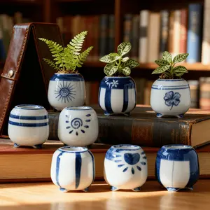 8-Pack Blue & White Porcelain Style Hand-Painted Ceramic Light-Glazed Flower Pots - Cute Pattern (Sun/Stripes/Clover), Footed Base, Perfect For Mini Ferns/Small Plants, Elegant Indoor Desk Decor Planters