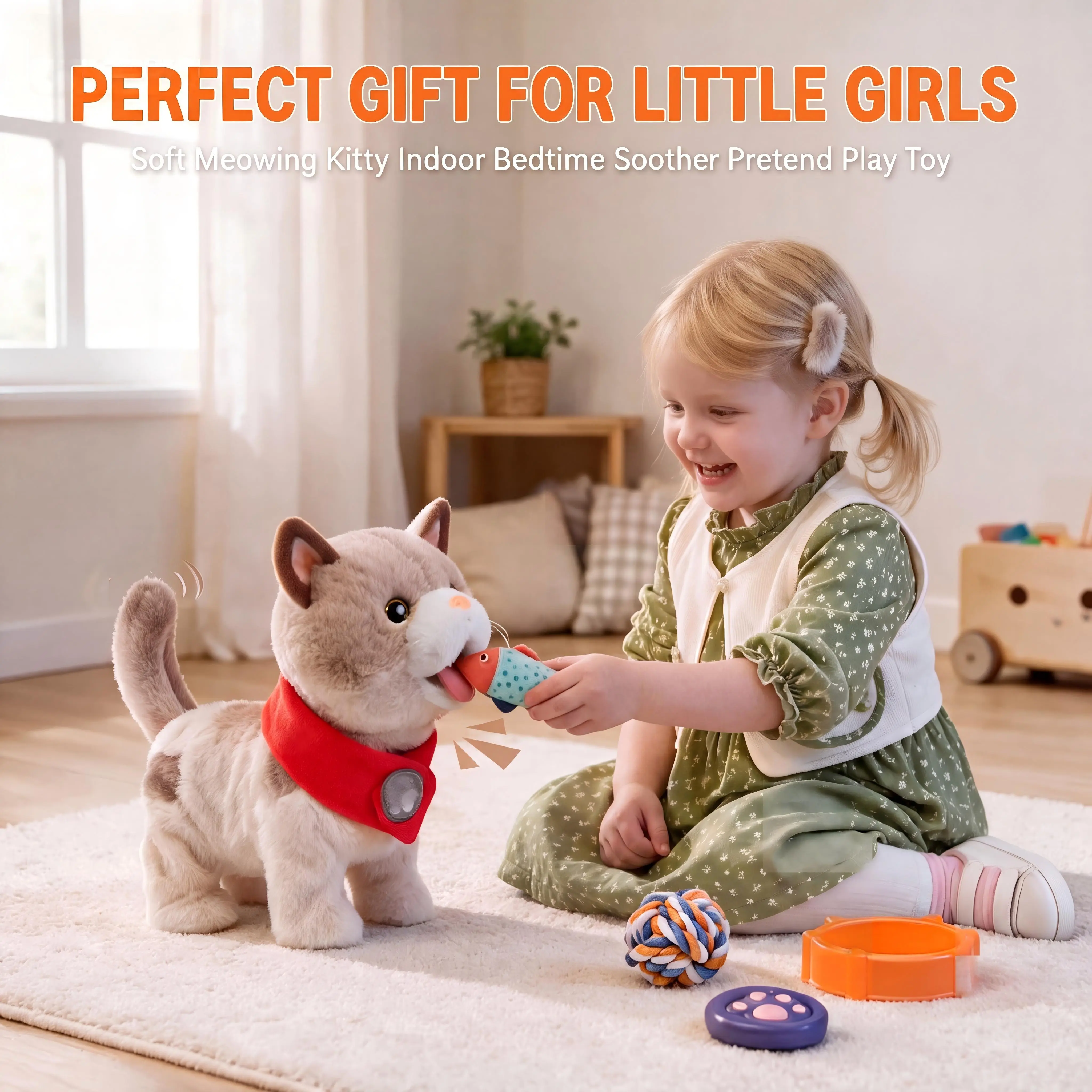 Tumama Interactive Plush Cat, Remote Control Walking Kitty Playset, Artificial Plush Fabric Electronic Toy for Kids, Pretend Play Perfect Gift, Girl, 18M+, Comfortable & Safe Material, Dress-Up Set & Pretend Play, Electronic Plush Toy