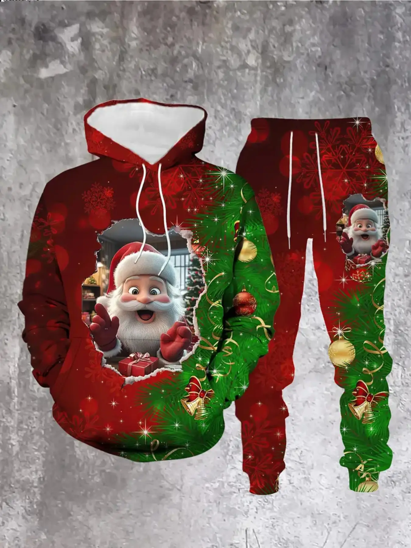 Trendy 3D Santa Claus Print Hoodie Set, Sweatsuit Matching Set, Casual Long Sleeve Sportswear, Fitted Below Ankle Pants, Perfect for Daily Wear