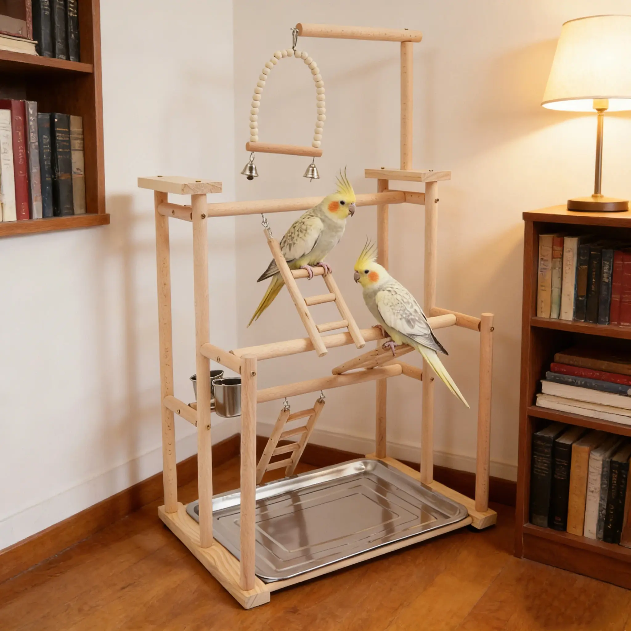 CNCEST 3-Tier Universal Modern Parrot Play Stand, Natural Beech Wood Bird Perch for Cockatiels, 17.3" L Bird Play Gym with Swings, Ladders, Feeding Cups, Removable Tray, 1 English Installation Diagram (Cage Topper/Table Top Use), All Accessories For Assem