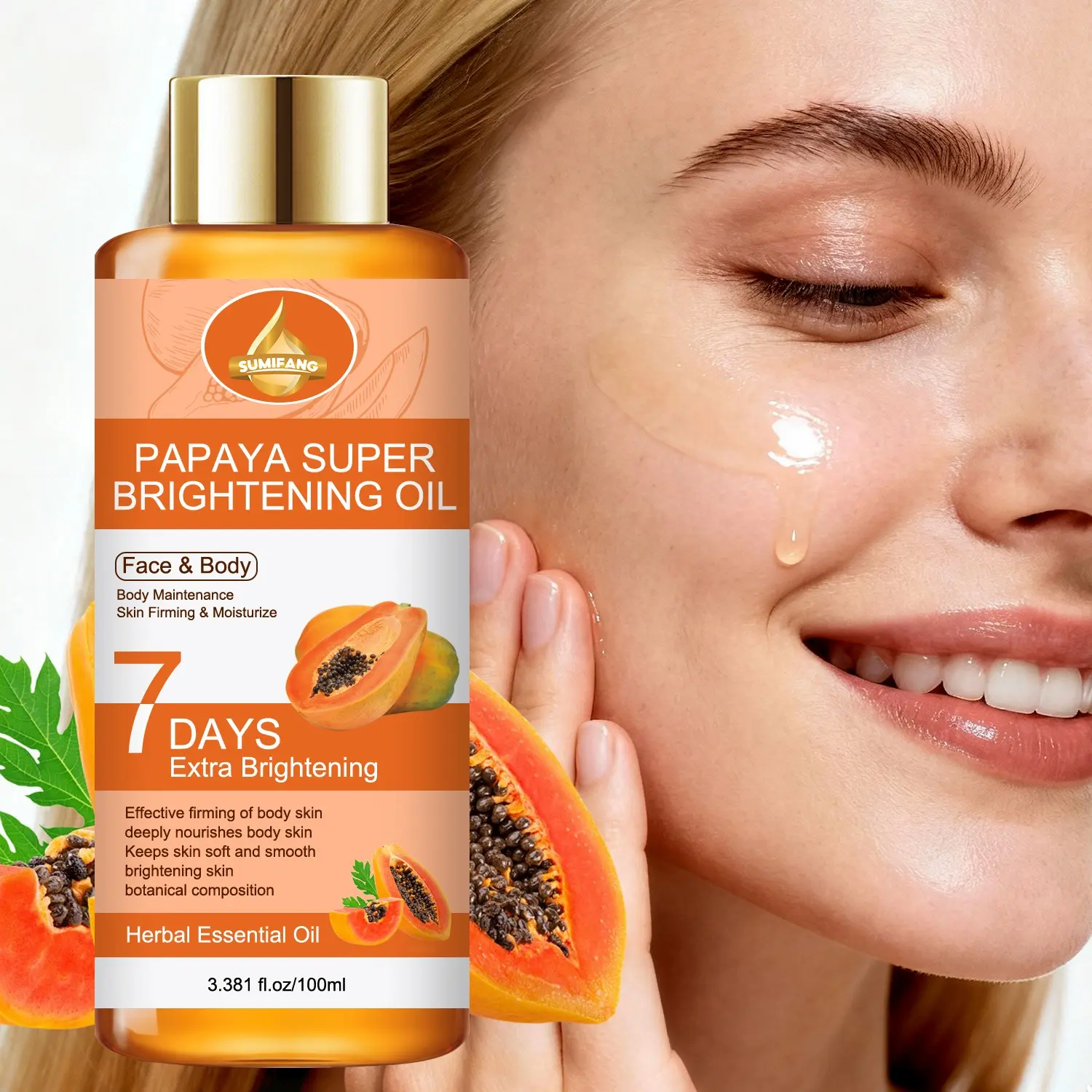 SUMFANG Papaya Brightening Oil 100ml Body Care Nourishing Oil Moisturizing Body Oils | Papaya extract for brightening + glycerin for moisturizing + hyaluronic acid for locking in hydration | Suitable for both face and body, creating silky, radiant skin