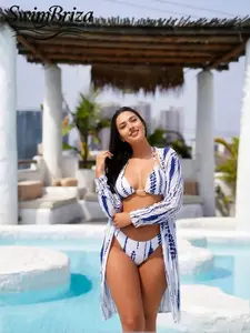 Briza｜Triangle Halter High Waisted Bikini Sets In Blue White Tie-Dye Stripe A Two-Piece Swimsuit And Bathing Suits With Swimsuit Cover Up For Women Made As Vacation Swimwear For Women And Swimsuits For Women For Resort Pool Days