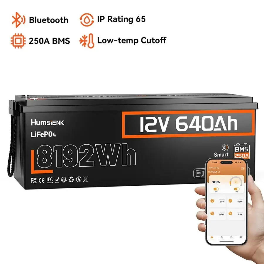 HumsiENK 12V 640Ah LiFePO4 Lithium Battery Bluetooth 250A BMS 15000+ Cycles IP65 Low Temp Protection 8192Wh Output for Off-Grid Home Backup Solar Energy