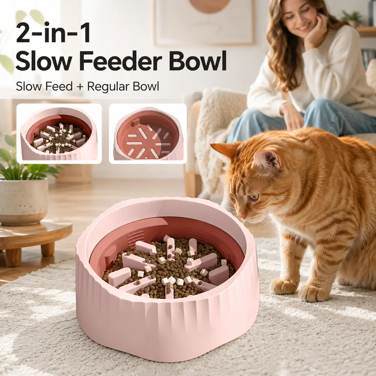 Slow Feeder Cat Bowl, 2-in-1 Pet Food Bowl with Removable Maze Insert, Food Grade Non-Slip Easy Clean Feeding Bowl for Cats