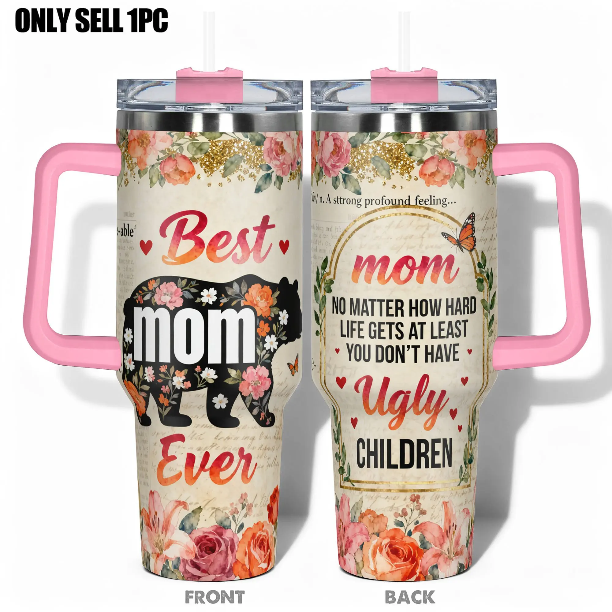 1pc Stainless Steel Insulated Cup 40oz/30oz/22oz/20oz/14oz Water Bottle Tumbler Drinkware,Funny Design With Best Mom Ever Bear Floral Pattern Double-layer insulation Leakproof Large Capacity, Needed for Gym, Hiking, Travel Ideal Birthday