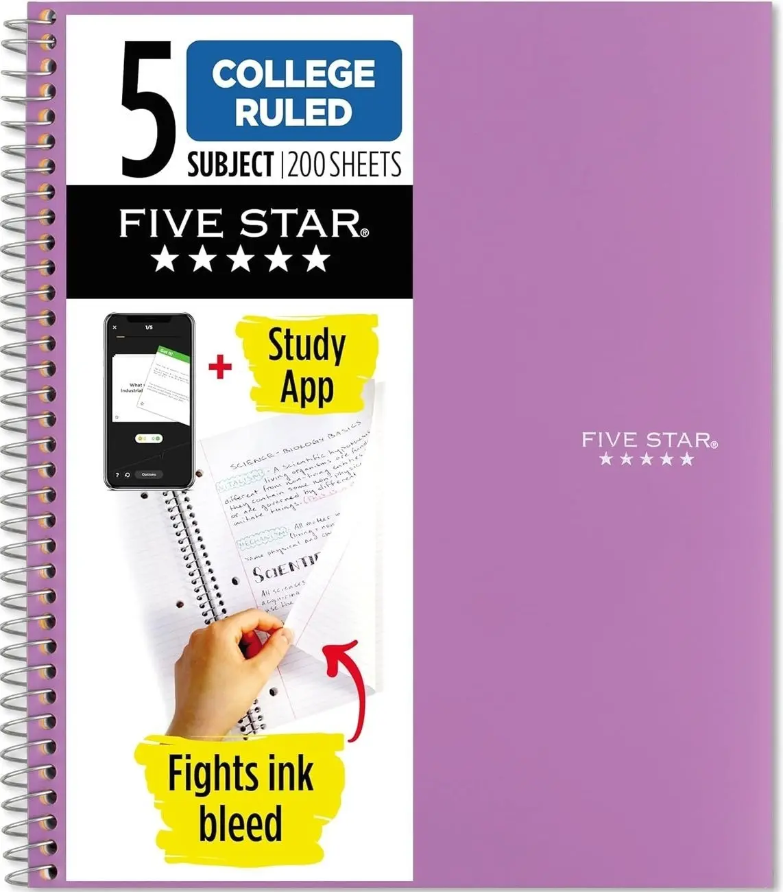 Five Star Spiral Notebook + Study App, 5 Subject, College Ruled Paper, 8-1/2" x 11", 200 Sheets, Fights Ink Bleed, Water Resistant Cover, Amethyst Purple (38748)
