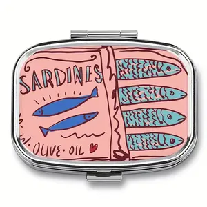 Quirky Vintage Sardines Square Pill Container, Compact Organizer with Two Sections, Ideal for Household & Travel, Unique Gift for Pockets & Purses