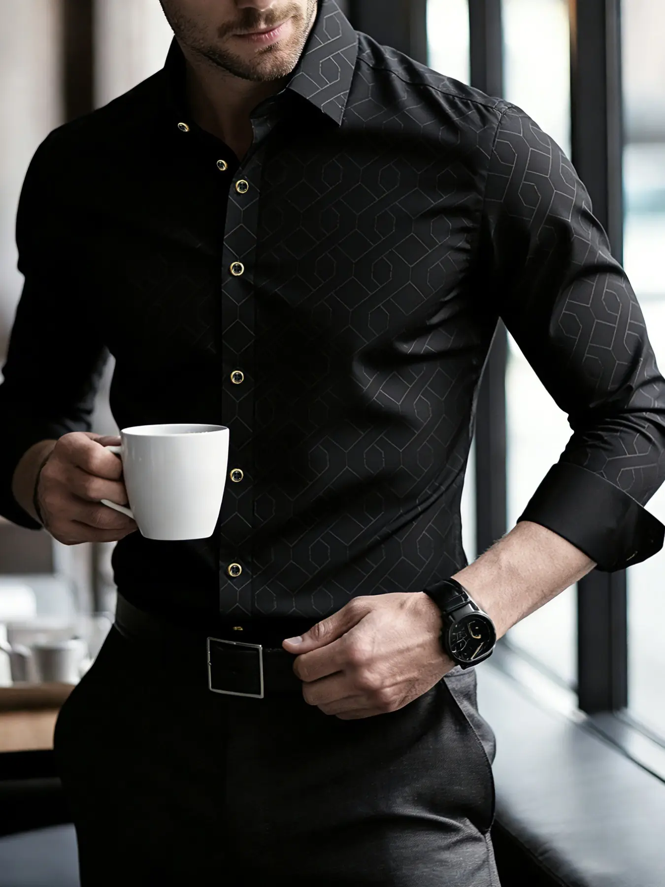 Luxury Men's Formal Dress Shirt 2026, Menswear, Long Sleeve, Button Front Design, Subtle Geometric Pattern, High-Quality Fabric, Slim Fit, Wedding Groom, Best Man, Special Occasions