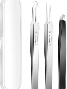3PCS Blackhead Remover Tweezers, Pimple Popper Tool Kit with 2 Blackhead Extractor and 1 Ingrown Black Hair Tweezers for Blemish, Whitehead Popping,Facial Hair