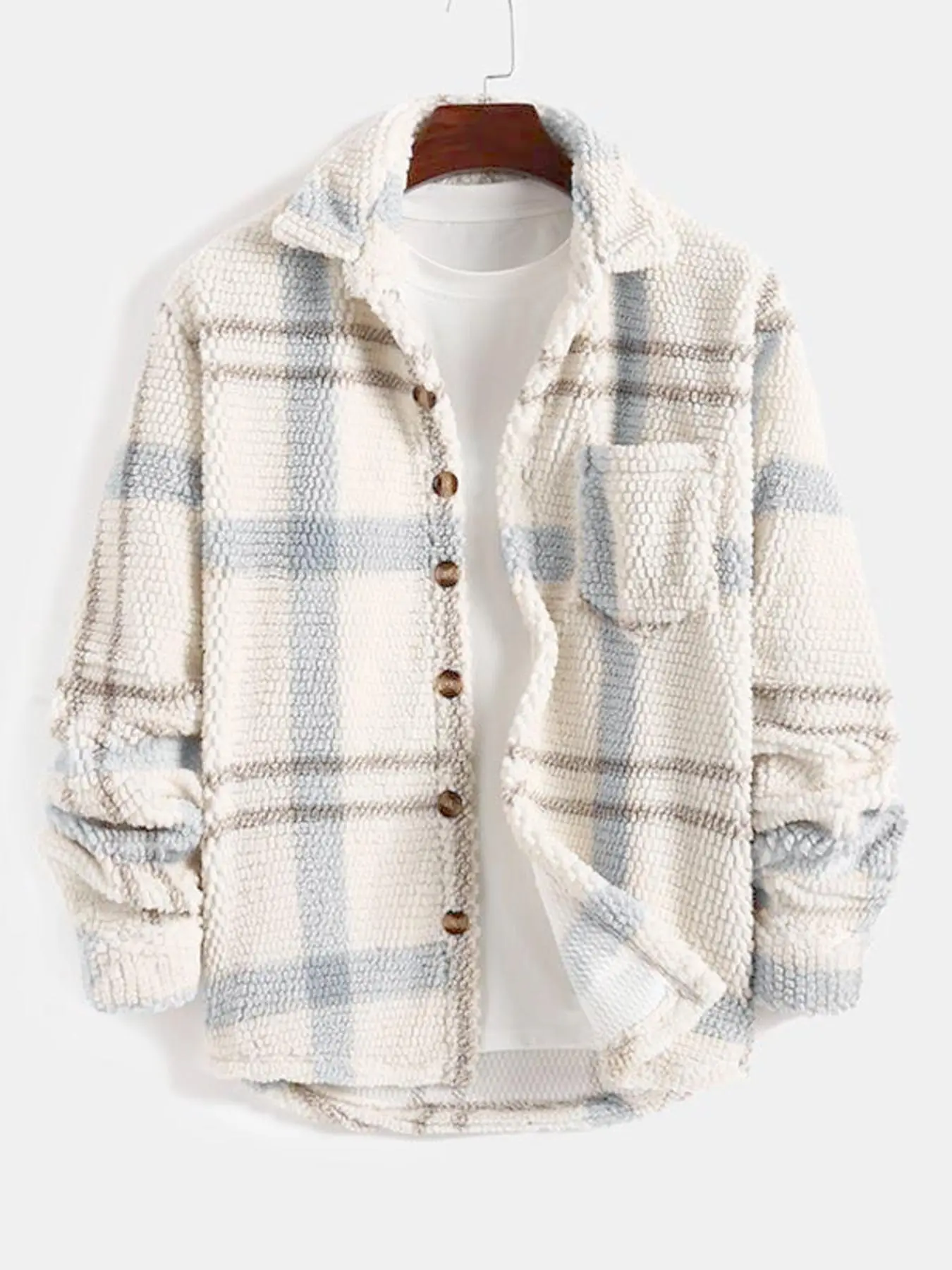 Men's Casual Fall & Winter Coat, Comfortable Knit Gingham Plaid Shirt Jacket with Buttons Pockets, Classic Outerwear, Long Fitted Sleeves, Christmas Gift