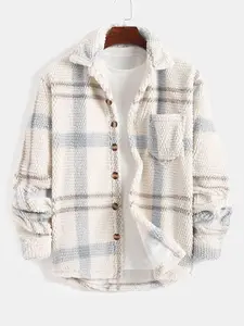 Men's Casual Fall & Winter Coat, Comfortable Knit Gingham Plaid Shirt Jacket with Buttons, Classic Outerwear, Long Fitted Sleeves, Christmas Gift