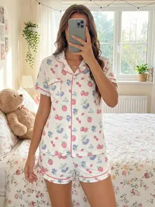 Women's Cute Summer Berry Print Pajama Set, Short Sleeve Shorts, Fitted Casual, Soft Comfortable Home Wear, Loungewear, Button Front