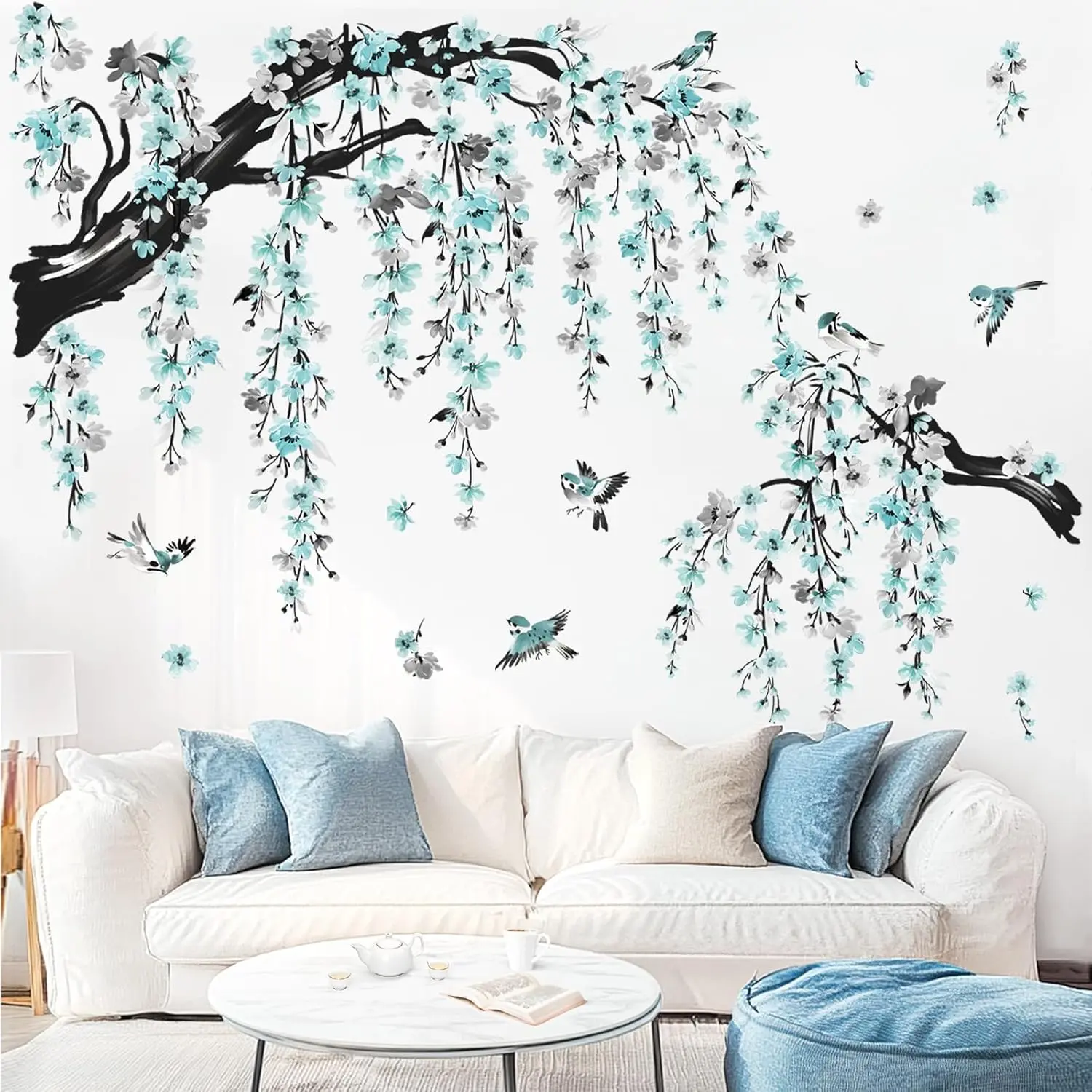 Large Watercolor Flower Branch Wall Stickers Blue Blossom Tree Branches Peel and Stick Wall Art Decals for Living Room Bedroom TV Wall