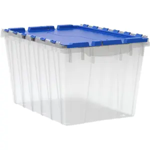Akro-Mils KeepBox 12 Gallon Storage Container, Nesting and Stackable Plastic Storage Box with Lid Attached, Clear Tote for Garages, Closets, and Moving, 21-1/2" x 15" x 12-1/2", Clear/Blue
