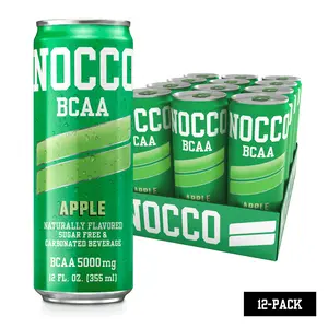 NOCCO BCAA Drink Apple Caffeine Free - 12 Fl Oz (Pack of 12) - 0mg of Caffeine, 5000mg of BCAAs - Sugar Free & Low Calorie Carbonated Drink with Vitamin B6, B12, & Biotin - Grab & Go Performance Drink