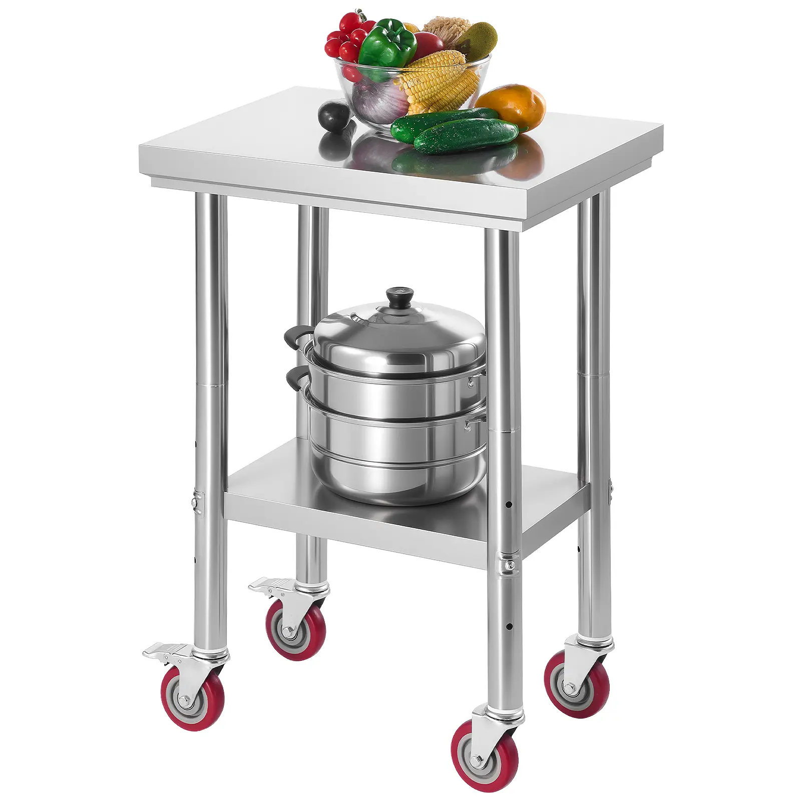 VEVOR Sturdy Stainless Steel Commercial Food Prep Table - 24x18 in Home Supplies with Wheels, Adjustable Undershelf, 3-Levels Storage, Ideal for Kneading Dough, Father's Day Gift, Garage